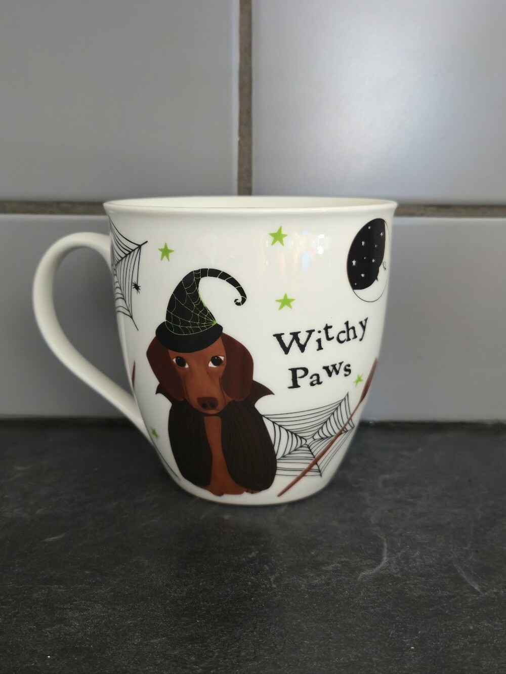 Halloween Witch Dog Large Mug - White with Brown Dachshund Design